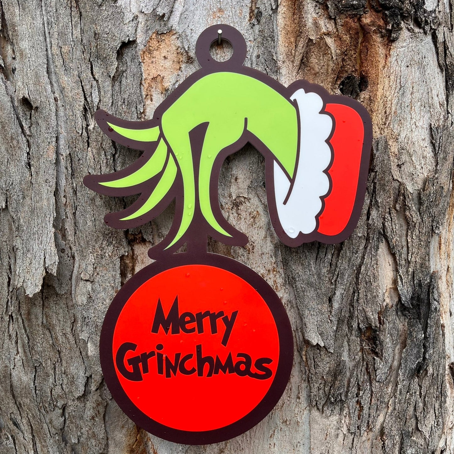 Personalised Grinch Hand holding Ornament Door Plaque - Webster Enterprises