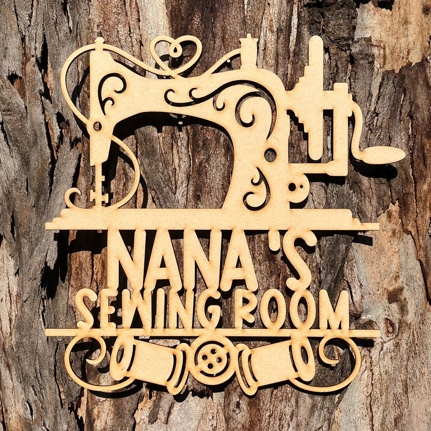 Personalised Sewing Room Wooden Sign - featuring sewing machine, cotton & button - Webster Enterprises