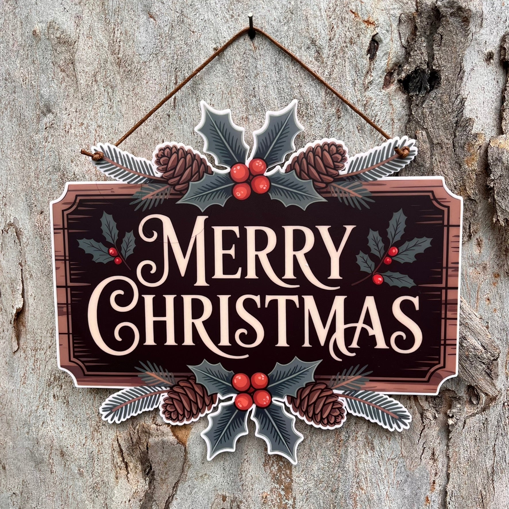 Merry Christmas Plaque with Mistletoe & Pinecones - Webster Enterprises