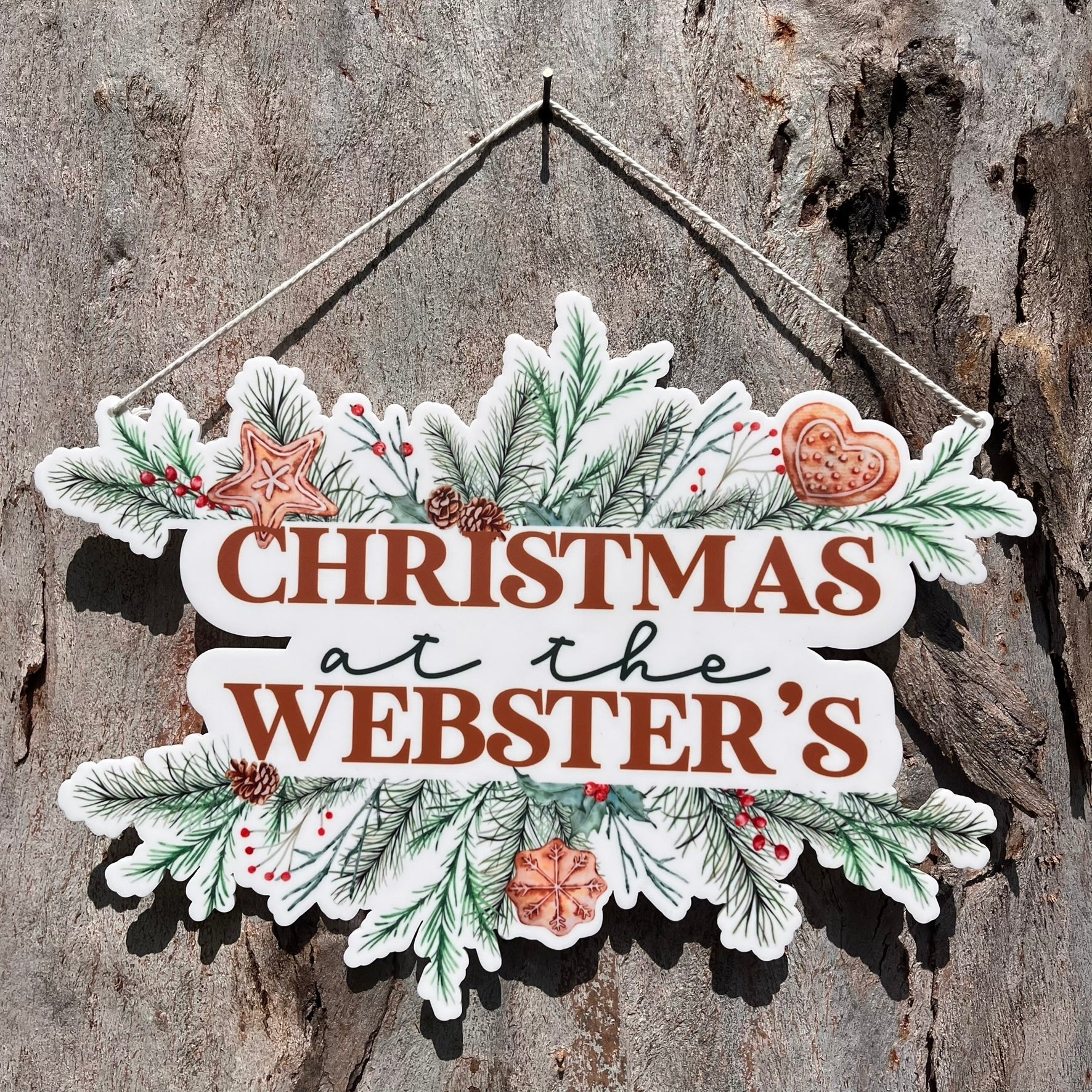 Personalised Family Christmas at the Plaque with greenery & mistletoe - Webster Enterprises
