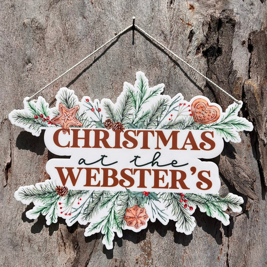 Personalised Family Christmas at the Plaque with greenery & mistletoe - Webster Enterprises