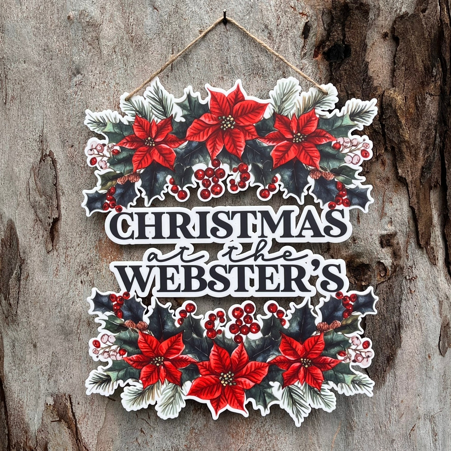 Personalised Family Christmas at the Plaque with poinsettias - Webster Enterprises