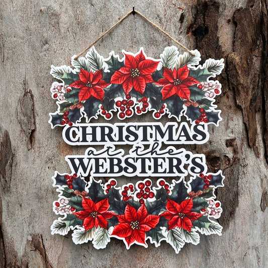 Personalised Family Christmas at the Plaque with poinsettias - Webster Enterprises