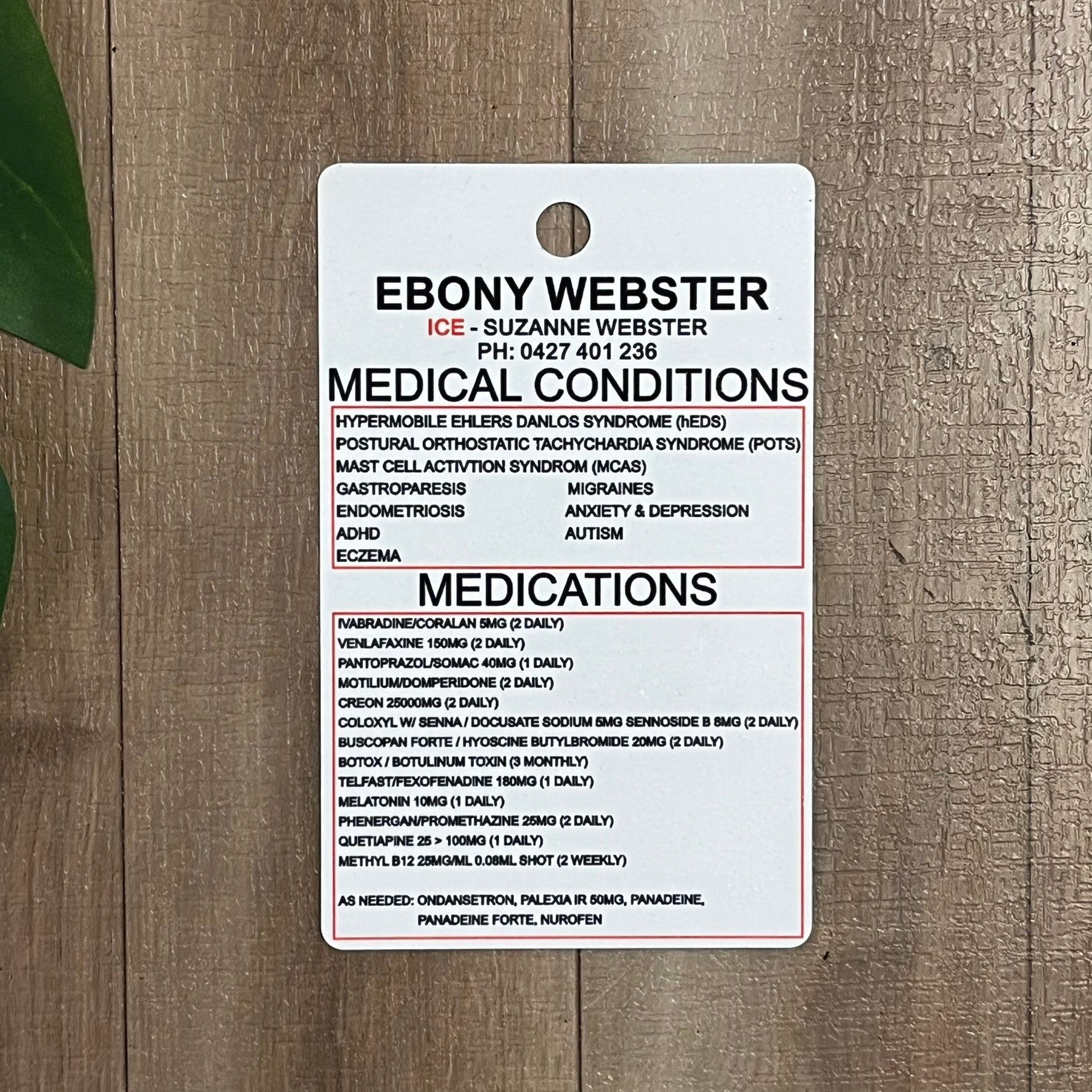 Personalised Medical Alert Sublimated ID Aluminium Cards - Webster Enterprises